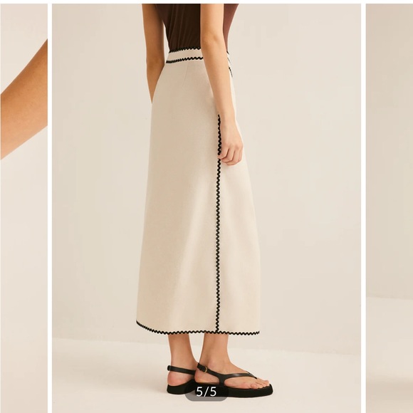 NWT Commense cotton & linen wave trim midi wrap skirt asymmetrical tan black - Picture 4 of 9